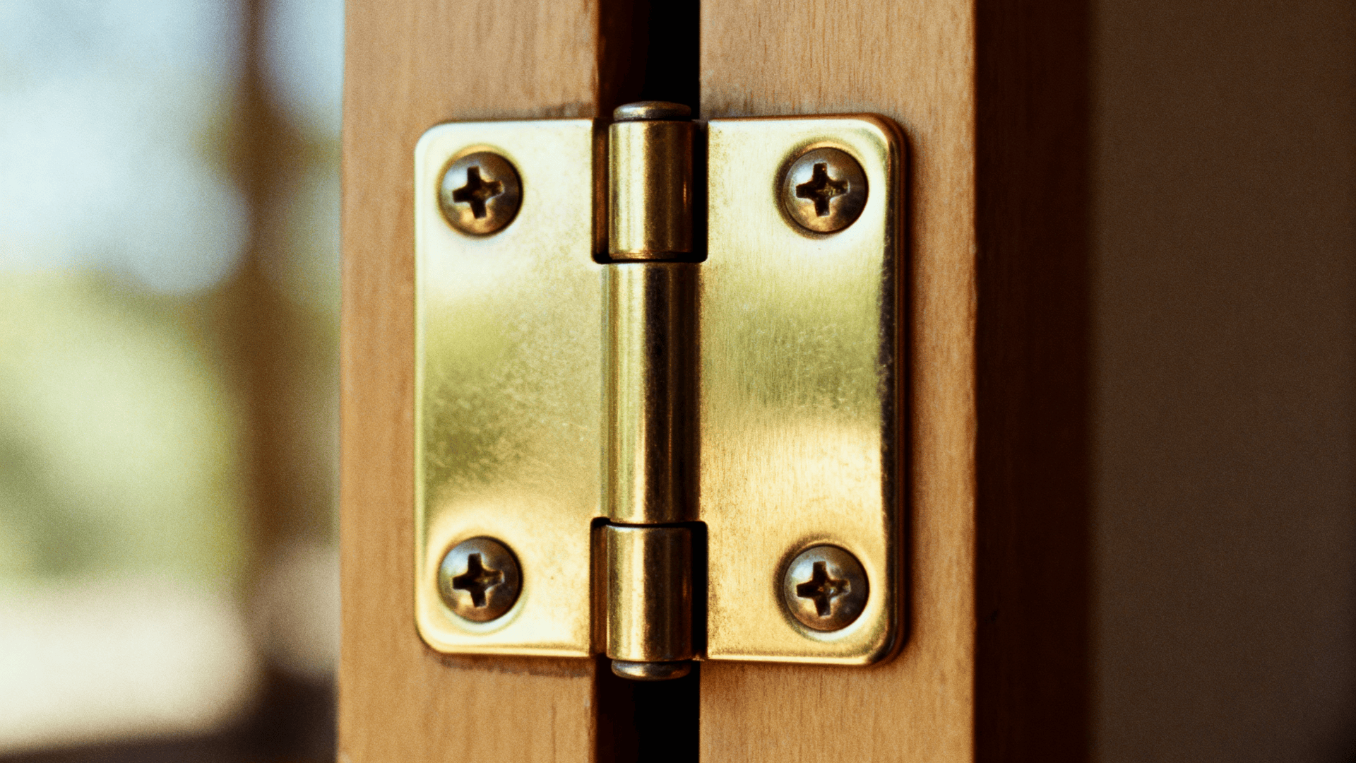 Close up of a polished brass flush hinge mounted on a wooden door frame, with four screws and soft natural light.