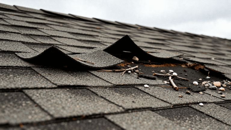 Close-up of asphalt roof shingles lifted by wind, showing torn edges and debris, under a cloudy sky with dramatic storm damage detail.