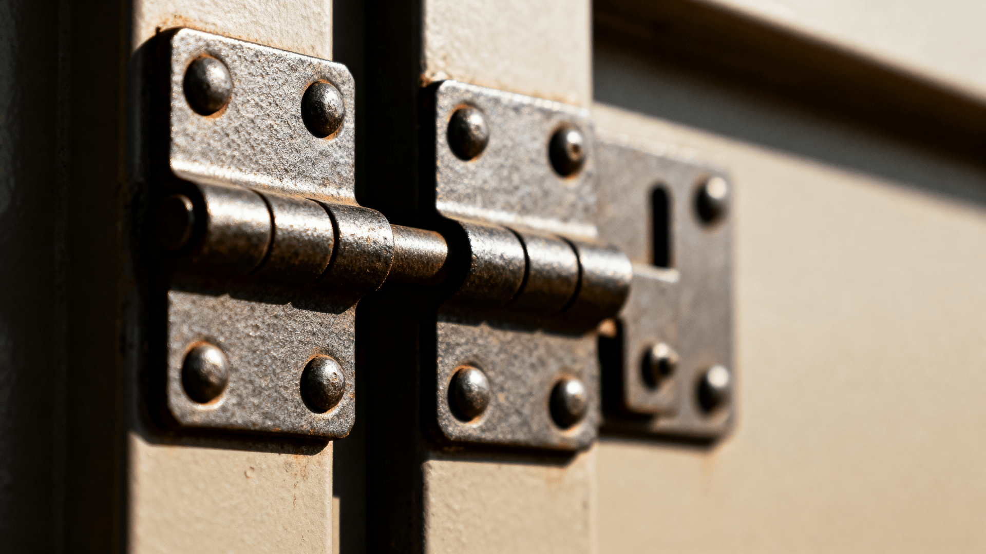 Close up of metal door hinges and latch hardware on a cabinet, showing rivets and worn texture in warm lighting.