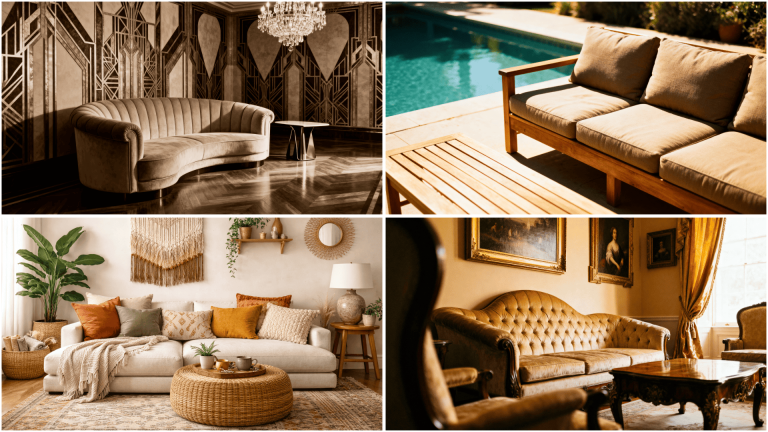 Collage of four sofas Art Deco velvet in ornate room, wooden patio sofa by pool, cozy boho couch, tufted leather in vintage study.