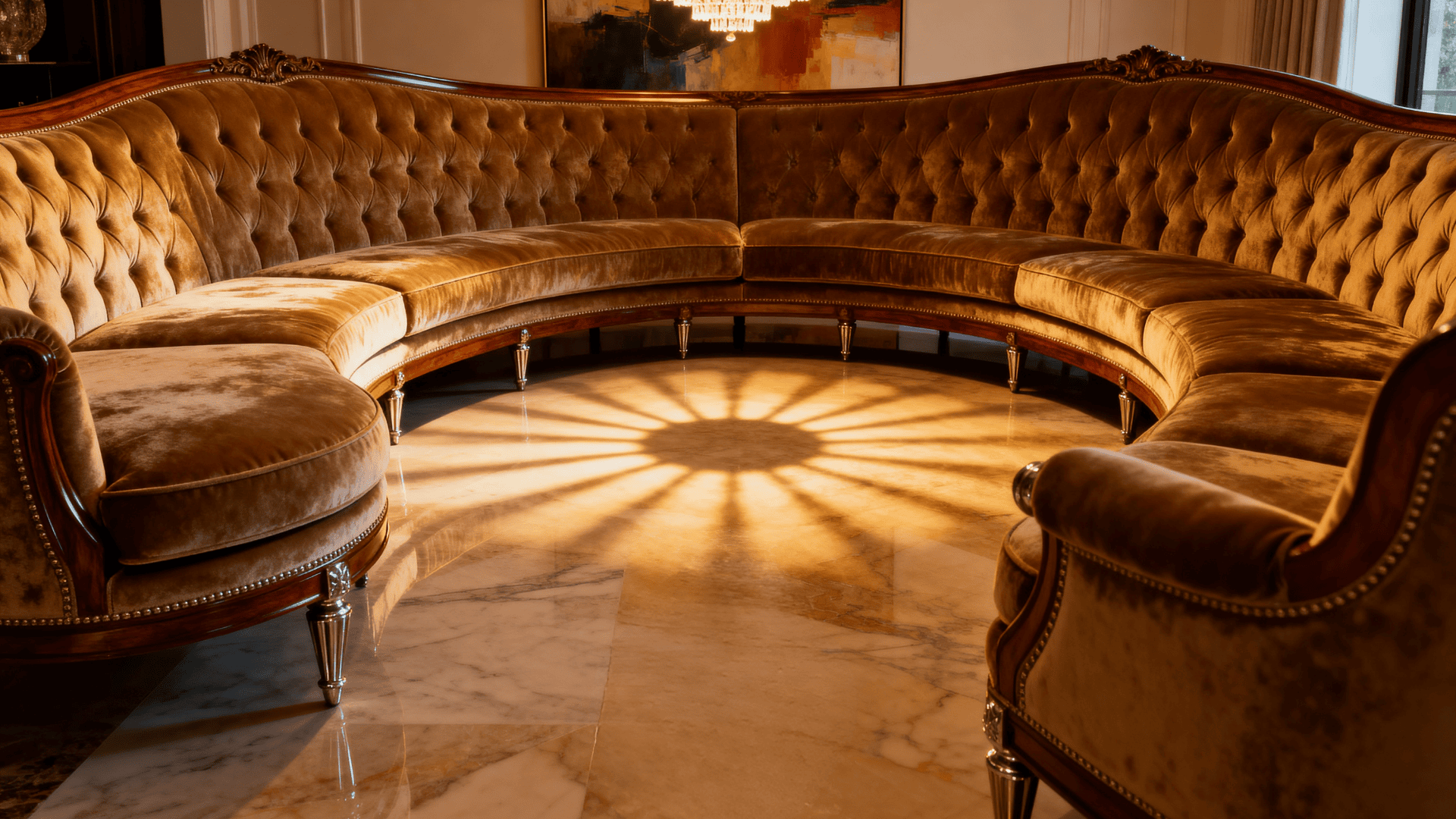 Curved sofa creating a dramatic focal point in a stylish living room.