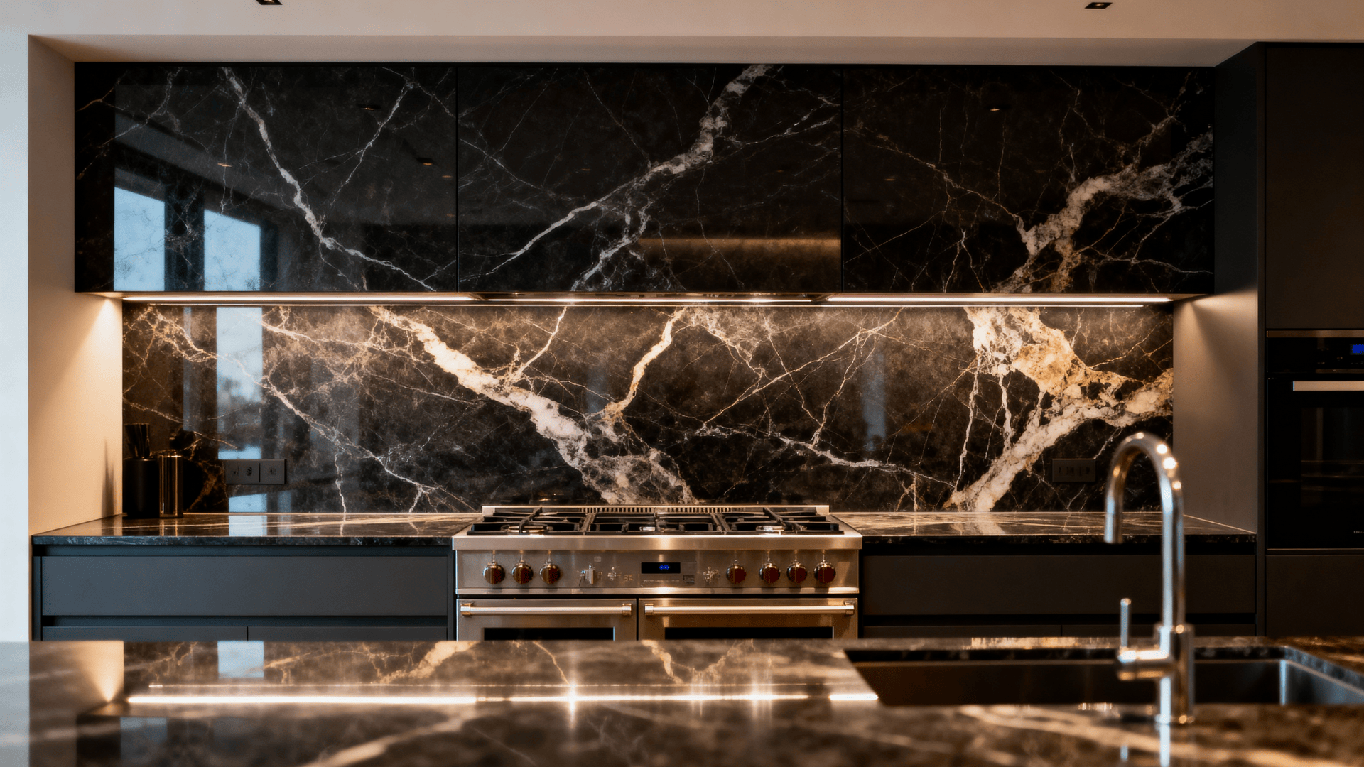 Dark marble slab backsplash with striking veining creates a seamless, luxurious focal point in a modern high end kitchen.