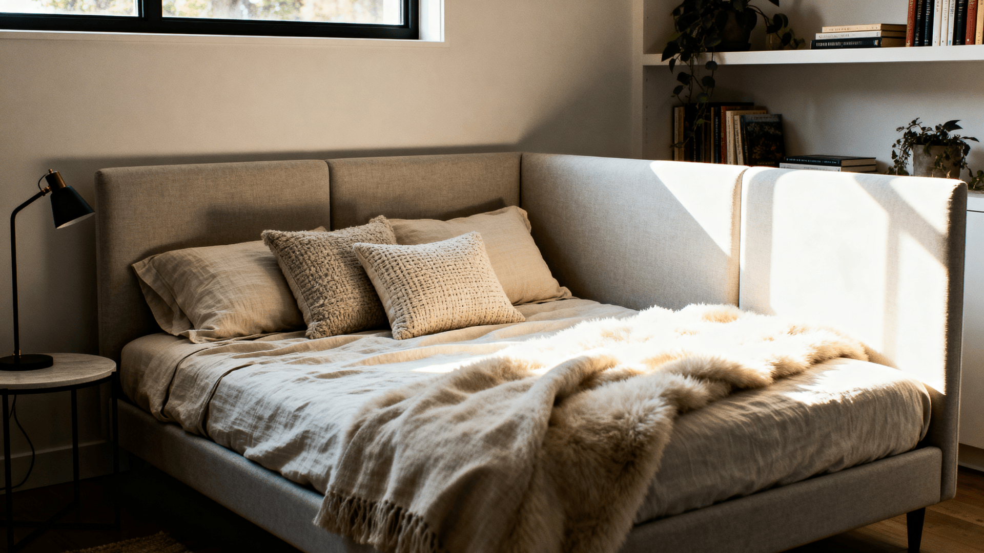 Daybed with three sided back used as seating and sleeping in a guest room.