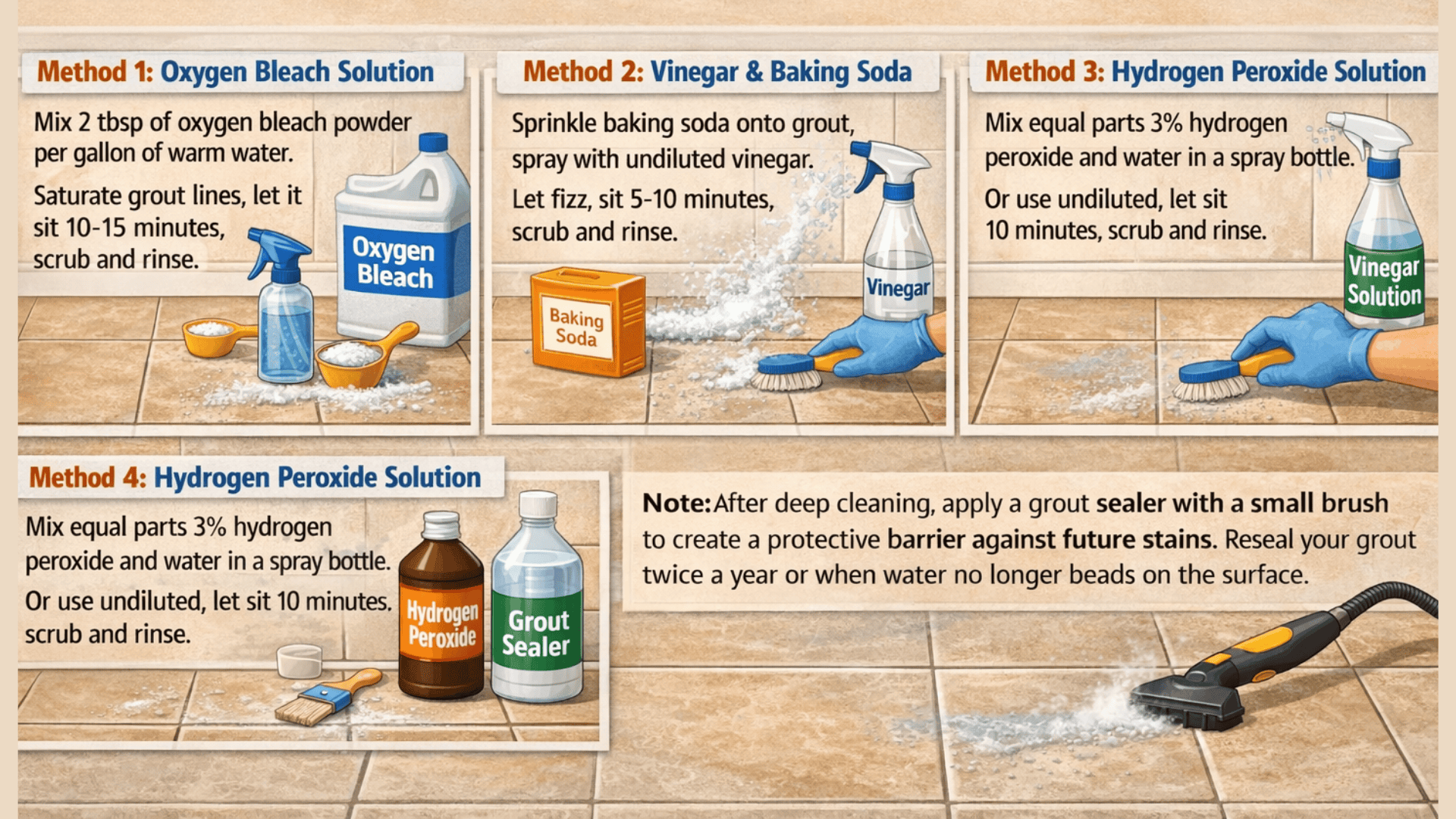 Deep-clean ceramic tile steam mop, baking soda paste, vinegar spray, heavy-duty cleaner (gloves), electric scrubber for tile