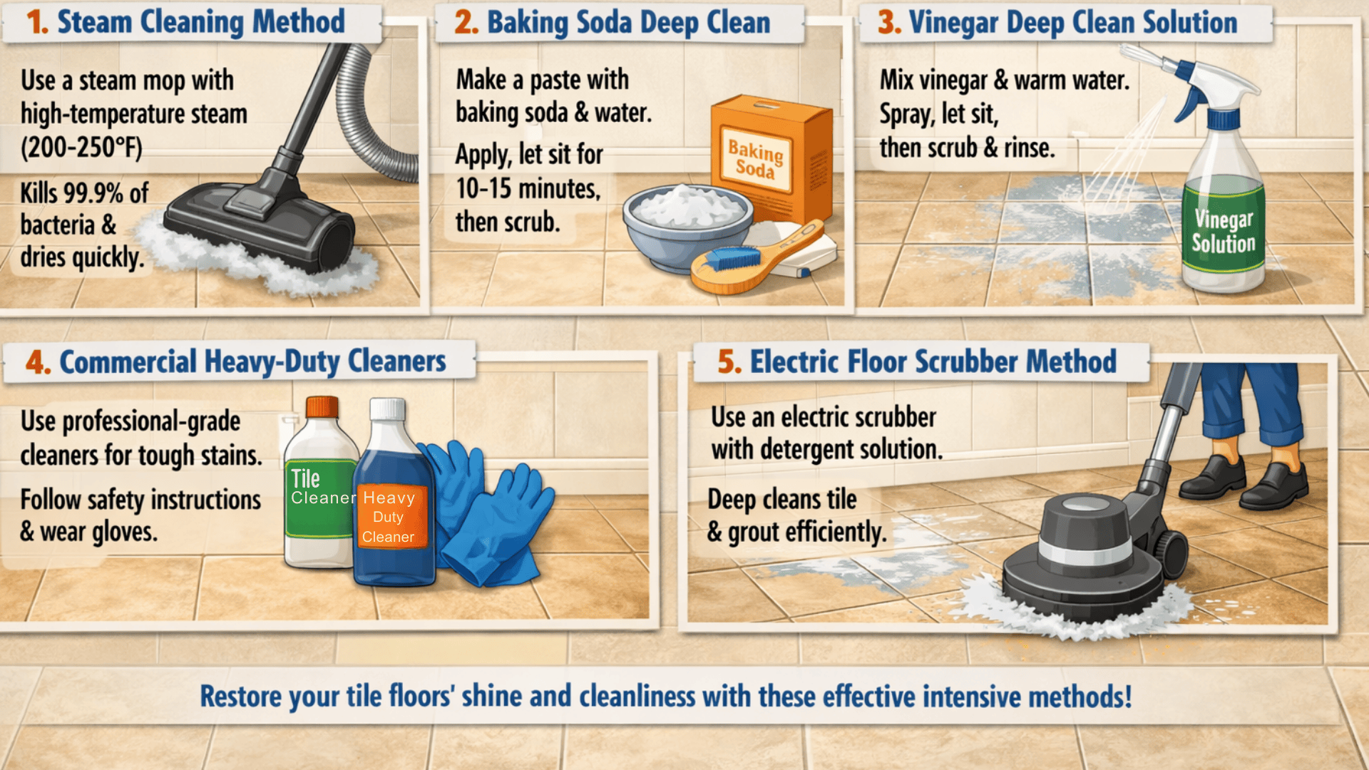 Deep-clean ceramic tile steam mop, baking soda paste, vinegar spray, heavy-duty cleaner (gloves), electric scrubber for tile.