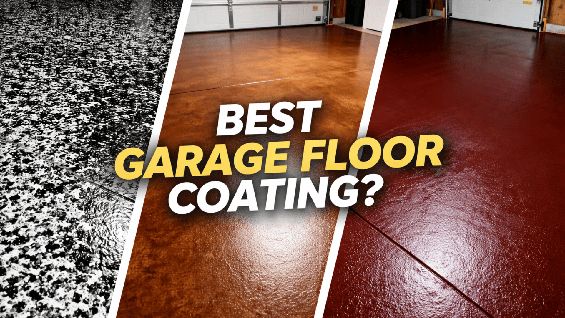 Diagonal 3-panel garage floor collage with black flake, brown, and red coatings, plus text BEST GARAGE FLOOR COATING