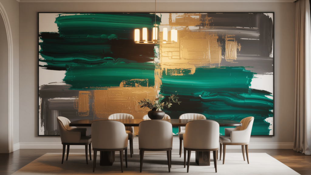 Dining room with oversized abstract wall art in green, gold, and black above a modern table and upholstered chairs. (3)