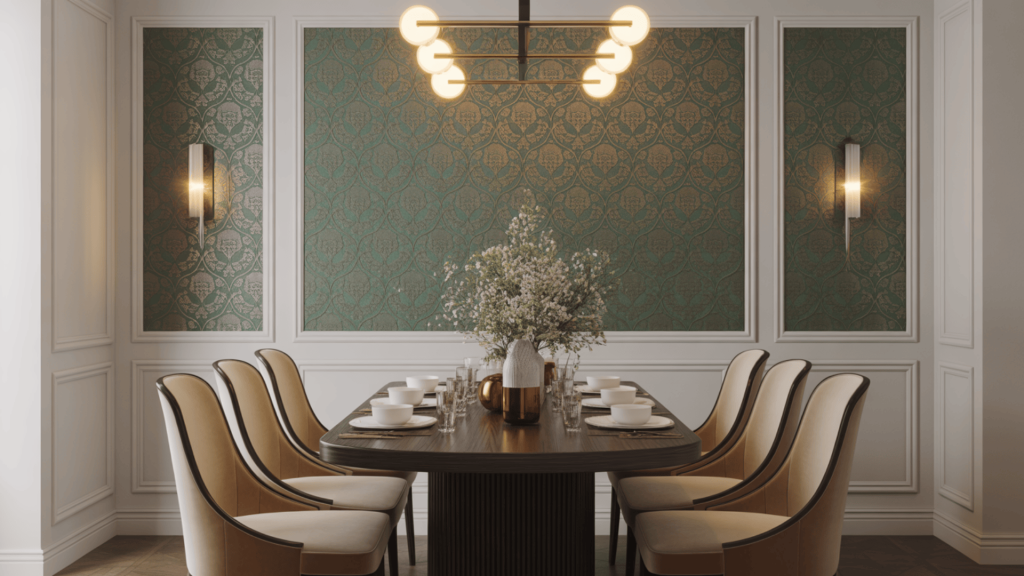 Elegant dining room with green patterned wallpaper panels, white trim molding, wall sconces, dark wood table, and beige chairs.