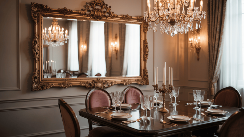 Elegant dining room with ornate gold framed mirror, crystal chandelier, candle centerpiece, and dark wood table set with glassware.