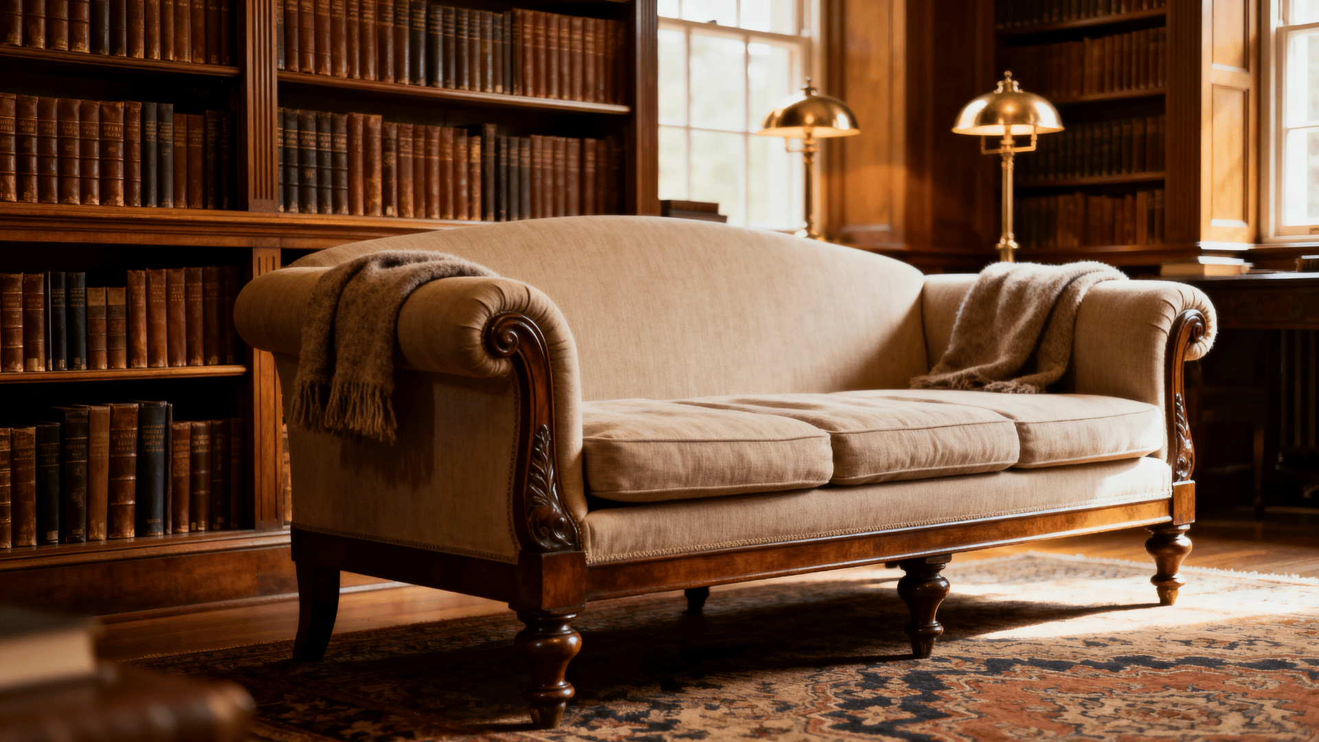 English rolled arm sofa placed inside a traditional home library.