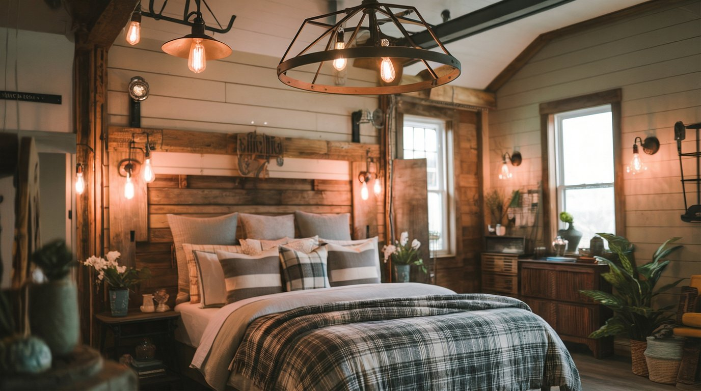 Farmhouse bedroom with industrial light fixtures