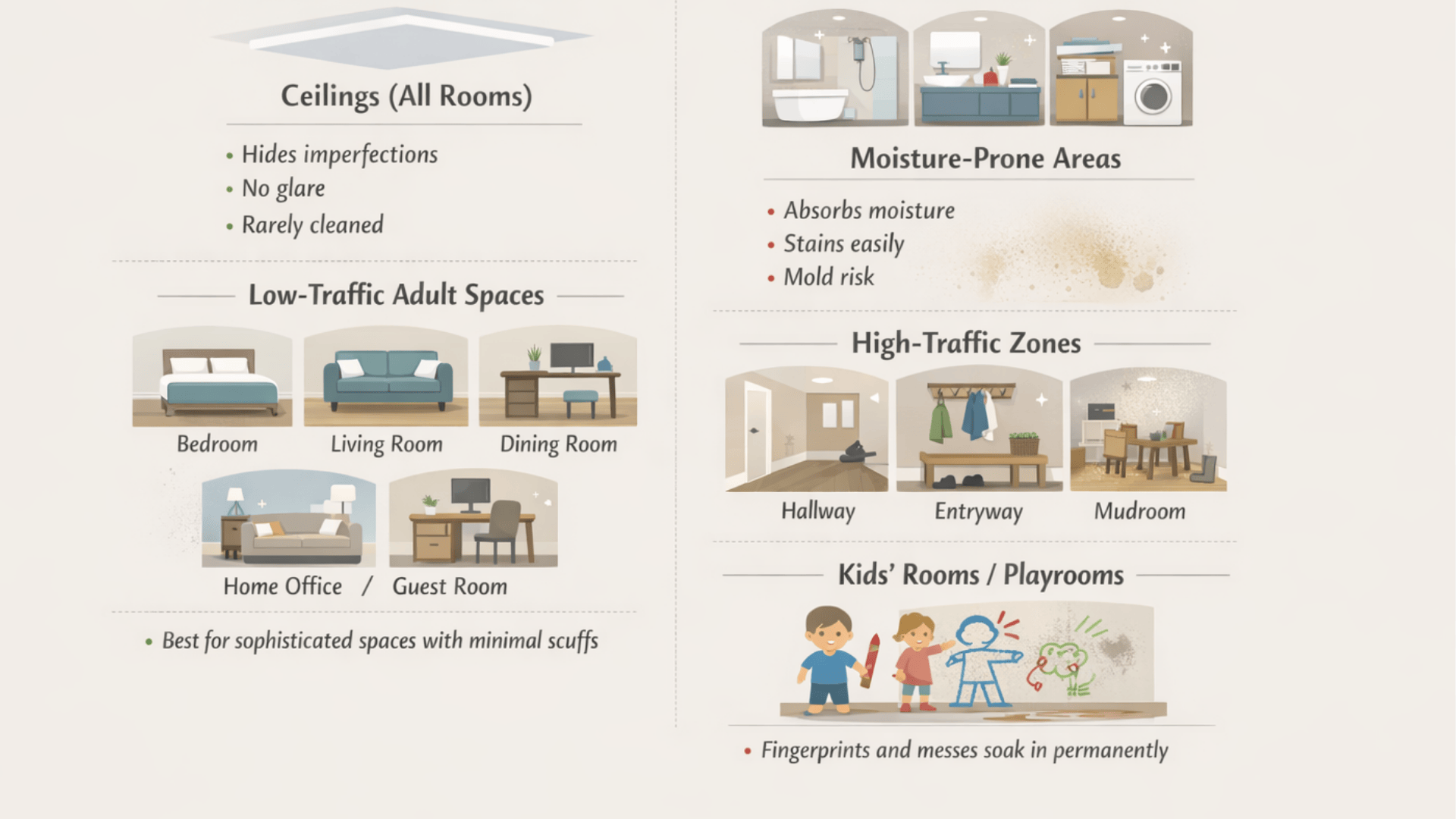 Flat paint infographic Use on ceilings and low-traffic adult rooms; avoid kitchens, baths, hallways, entryways, and kids’ rooms