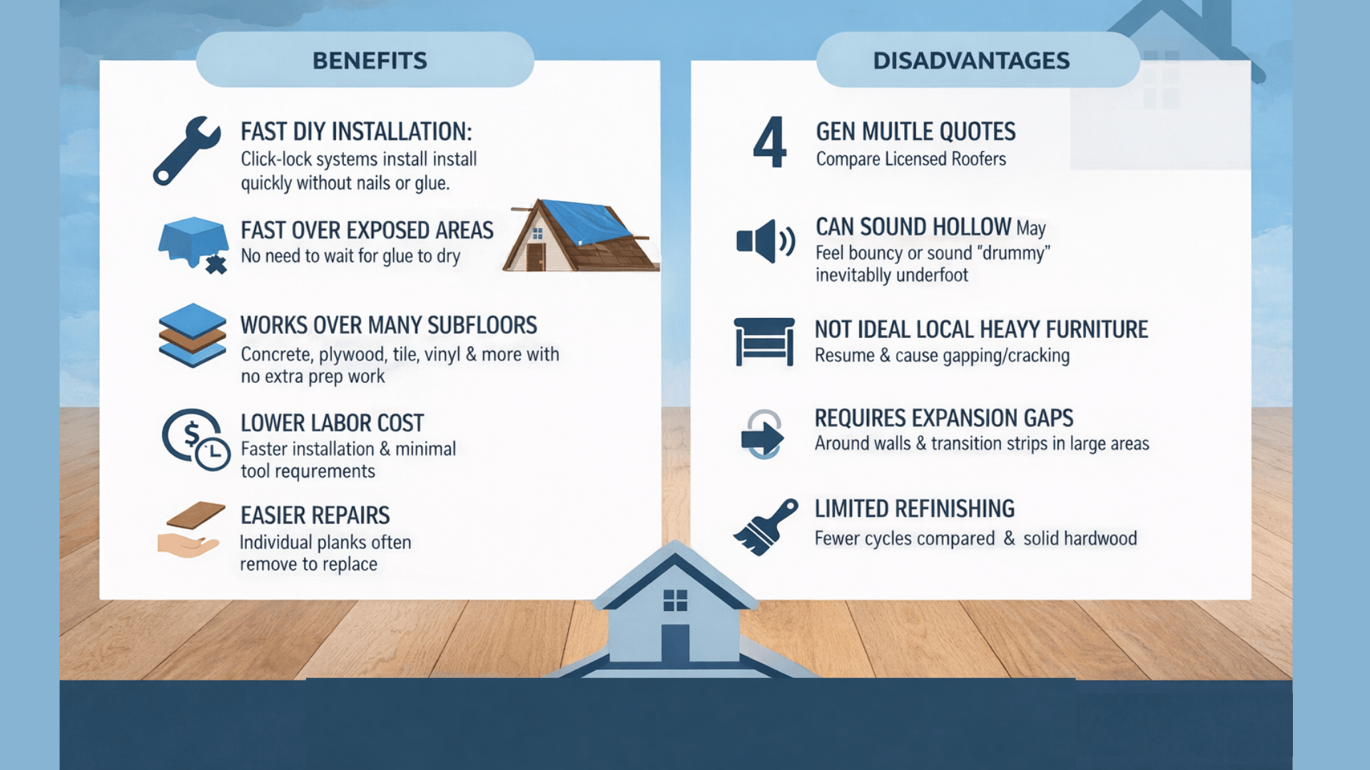 Floating hardwood floors pros and cons infographic with two columns, blue icons, benefits and disadvantages, on a sky background