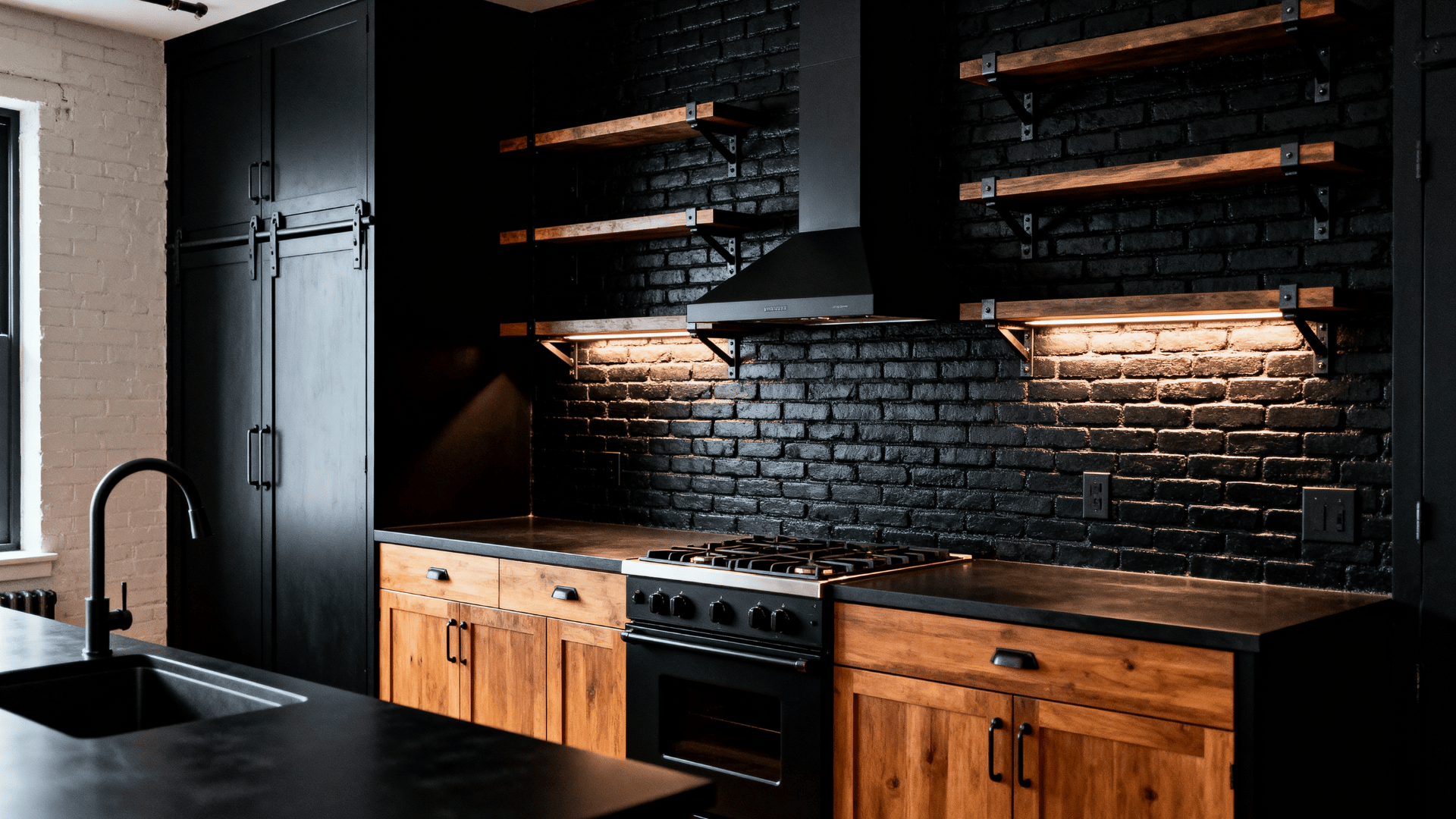 Full kitchen with a black brick accent wall backsplash, open shelving, and industrial loft style with rich texture and depth.