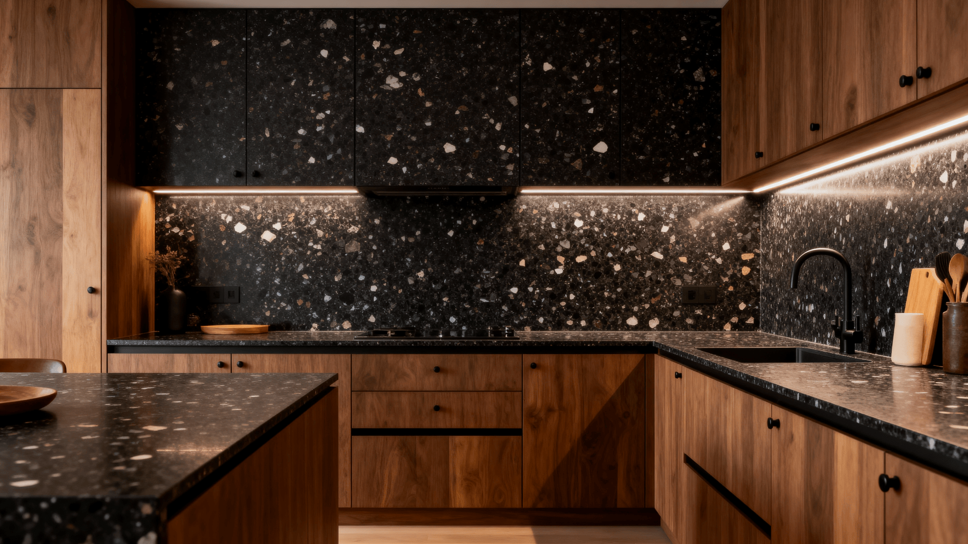 Full kitchen with a dark terrazzo backsplash, speckled texture adding playful depth in a moody mid century modern space.