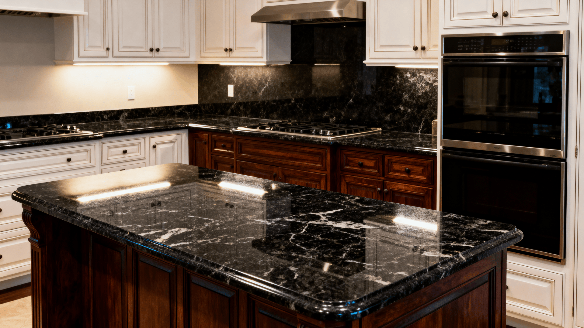 Full kitchen with black granite countertops, showcasing natural stone depth and timeless luxury in a refined traditional space.