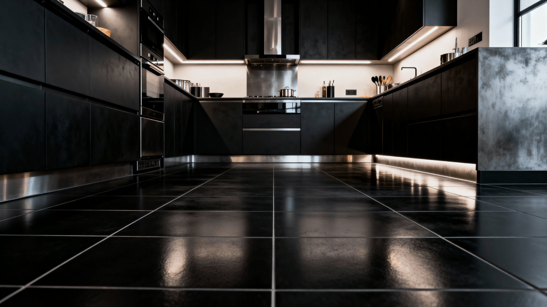 Full kitchen with black matte tile flooring, large format tiles adding dramatic modern depth and durable minimalist industrial style.