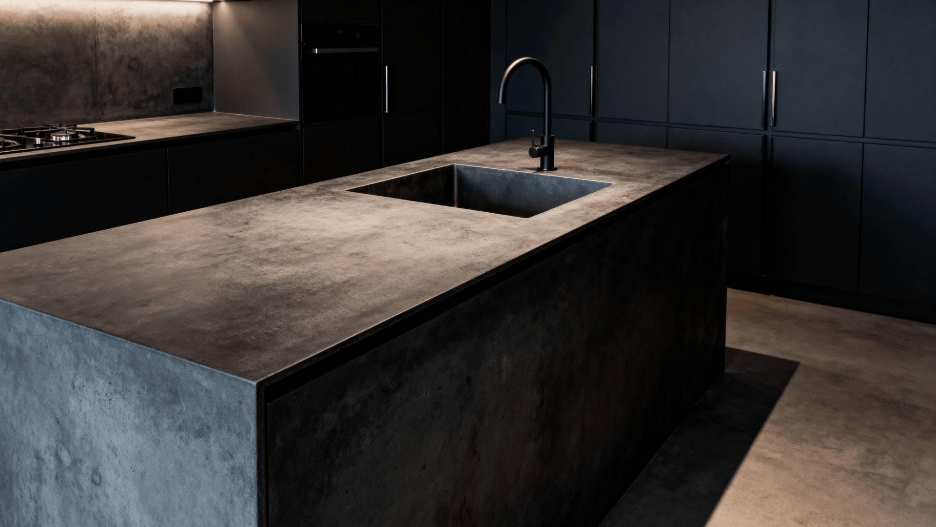 Full kitchen with charcoal concrete countertops and integrated sink, delivering a sleek industrial minimalist look with artisanal depth.