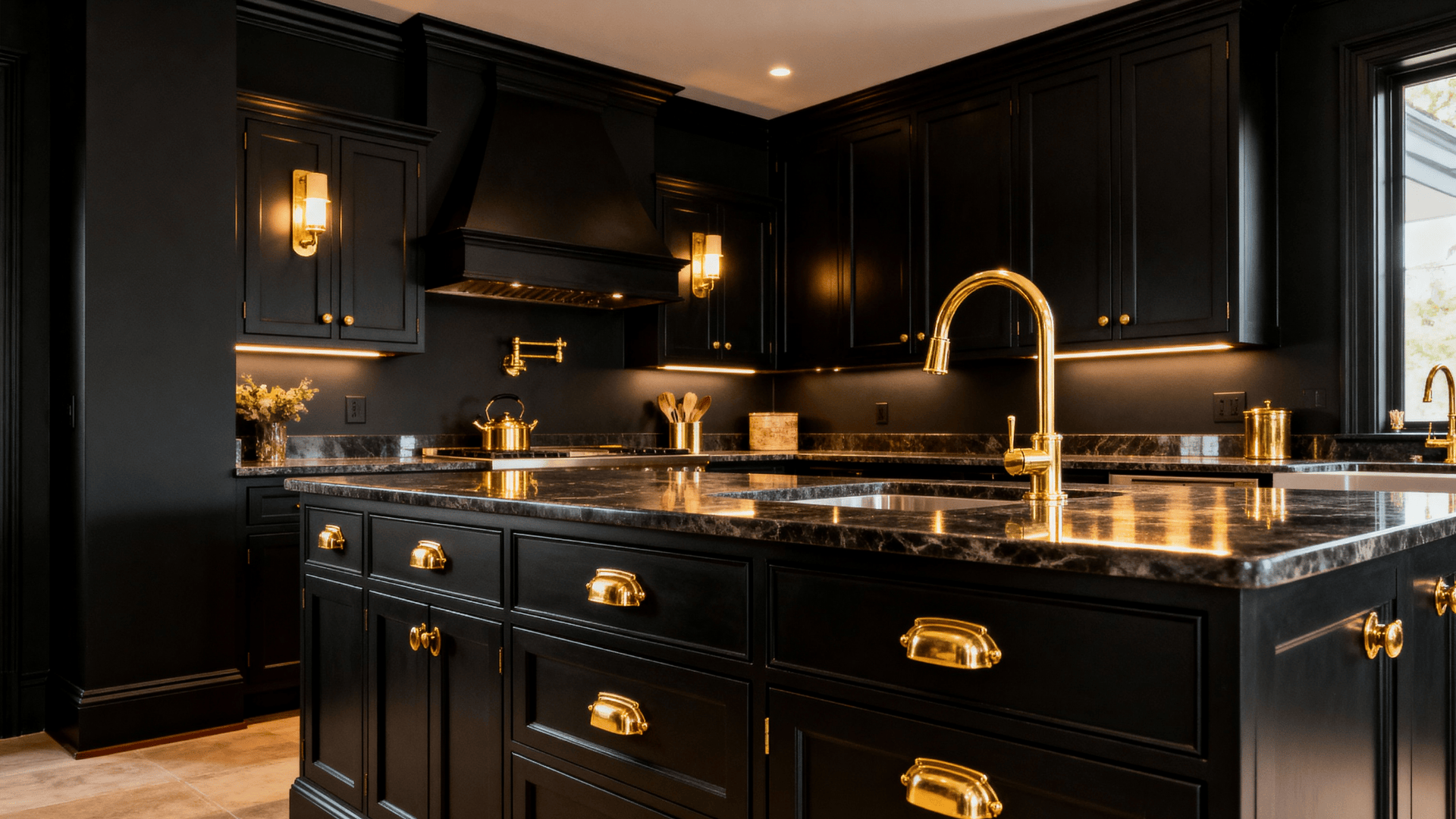 Full kitchen with dark cabinetry and warm brass fixtures, creating luxurious contrast and a glowing transitional glam atmosphere.