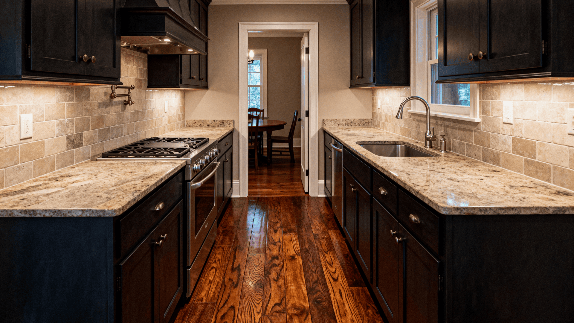 Full kitchen with dark hardwood floors, warm natural grain adding timeless depth and cohesion in a moody traditional farmhouse style.
