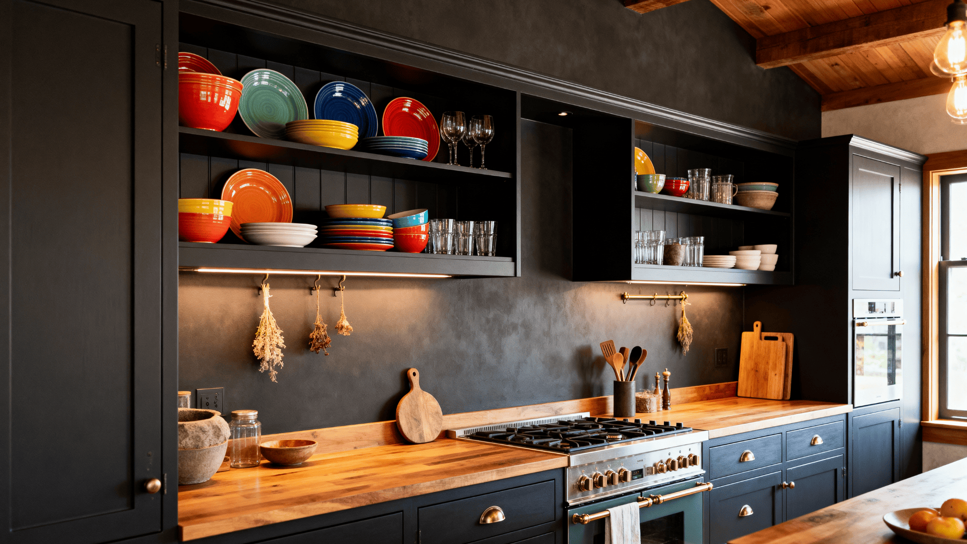 Full kitchen with dark open shelving, adding airy dimension and showcasing colorful dishes against a moody industrial farmhouse backdrop.