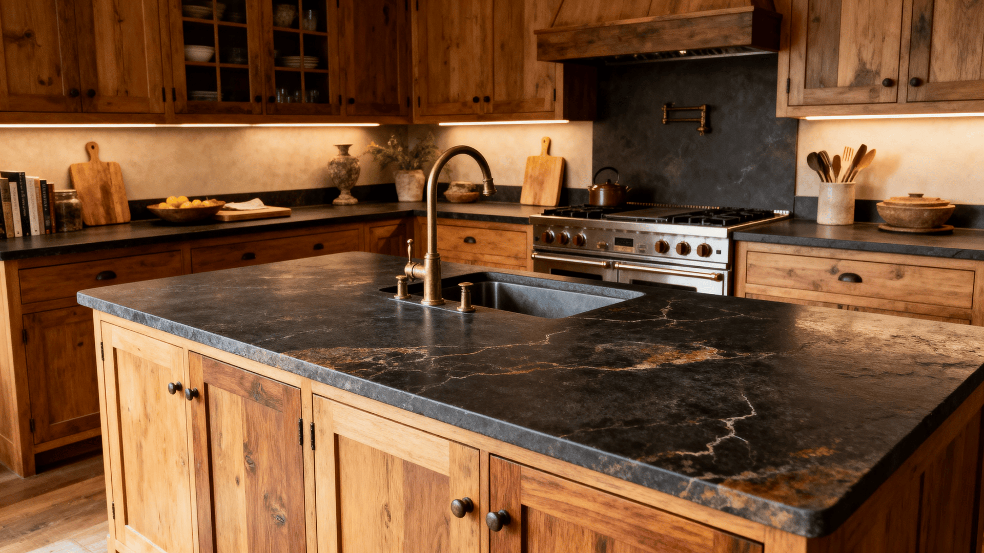Full kitchen with dark soapstone countertops, matte veining and natural patina creating an heirloom farmhouse organic modern feel.