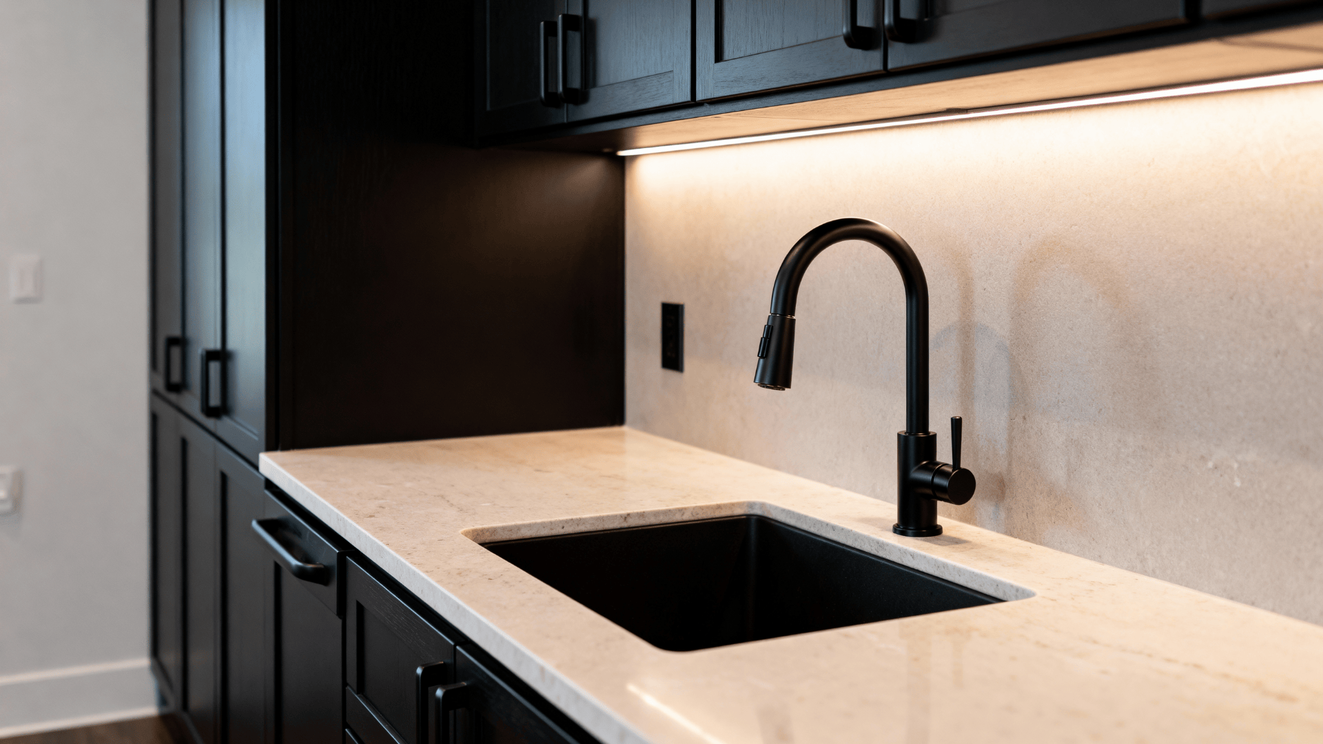 Full kitchen with matte black cabinet pulls, faucet, and sink, creating a cohesive modern minimalist look with curated sophistication.