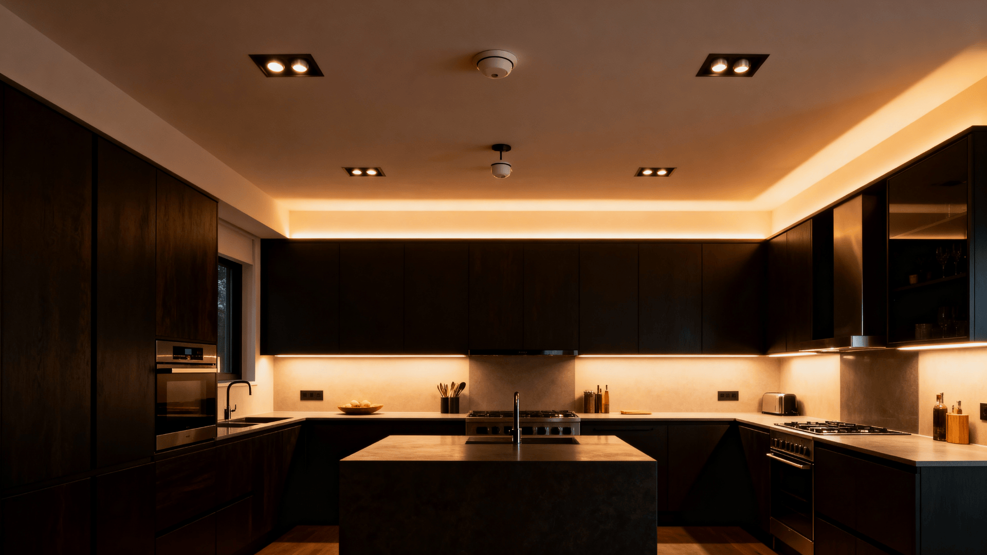 Full kitchen with recessed dimmable ceiling lights, offering adjustable brightness and layered illumination for a warm moody atmosphere.
