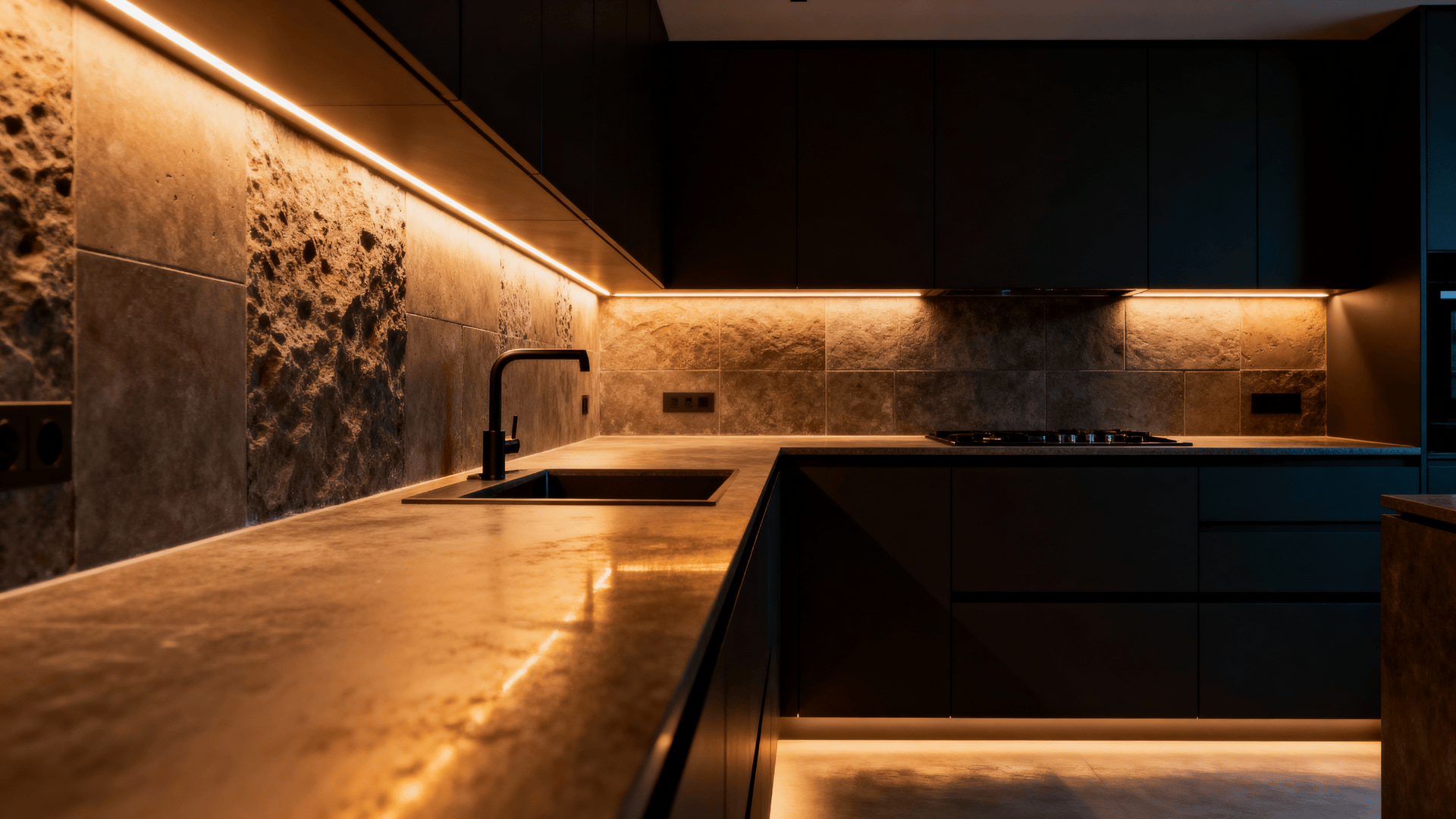 Full kitchen with warm under-cabinet ambient lighting, highlighting the backsplash and adding inviting depth to a moody space