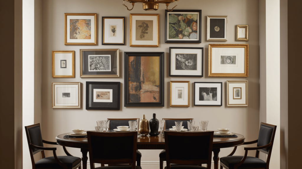 Gallery wall of mixed framed artwork above a round dining table with place settings and dark upholstered chairs. (1)