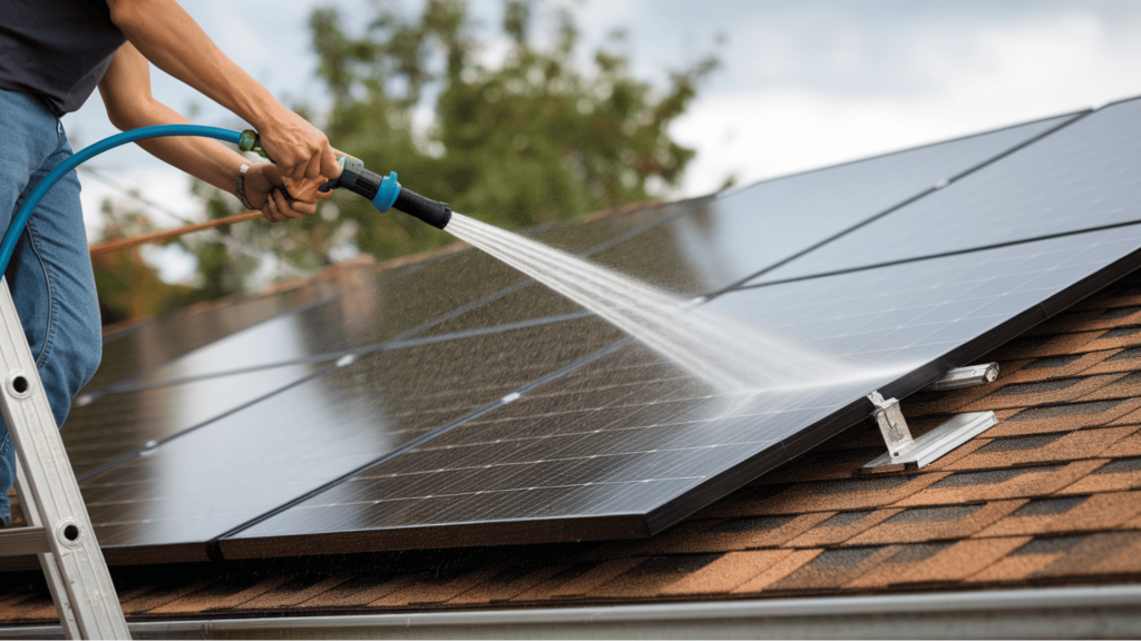 Gemini said a person standing on a roof performs a final thorough rinse of clean solar panels using a steady stream from a green hose.