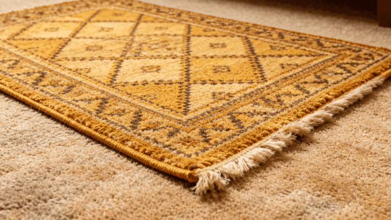 Golden patterned rug on beige carpet, photographed close-up with even lighting and visible fringe at the corner.