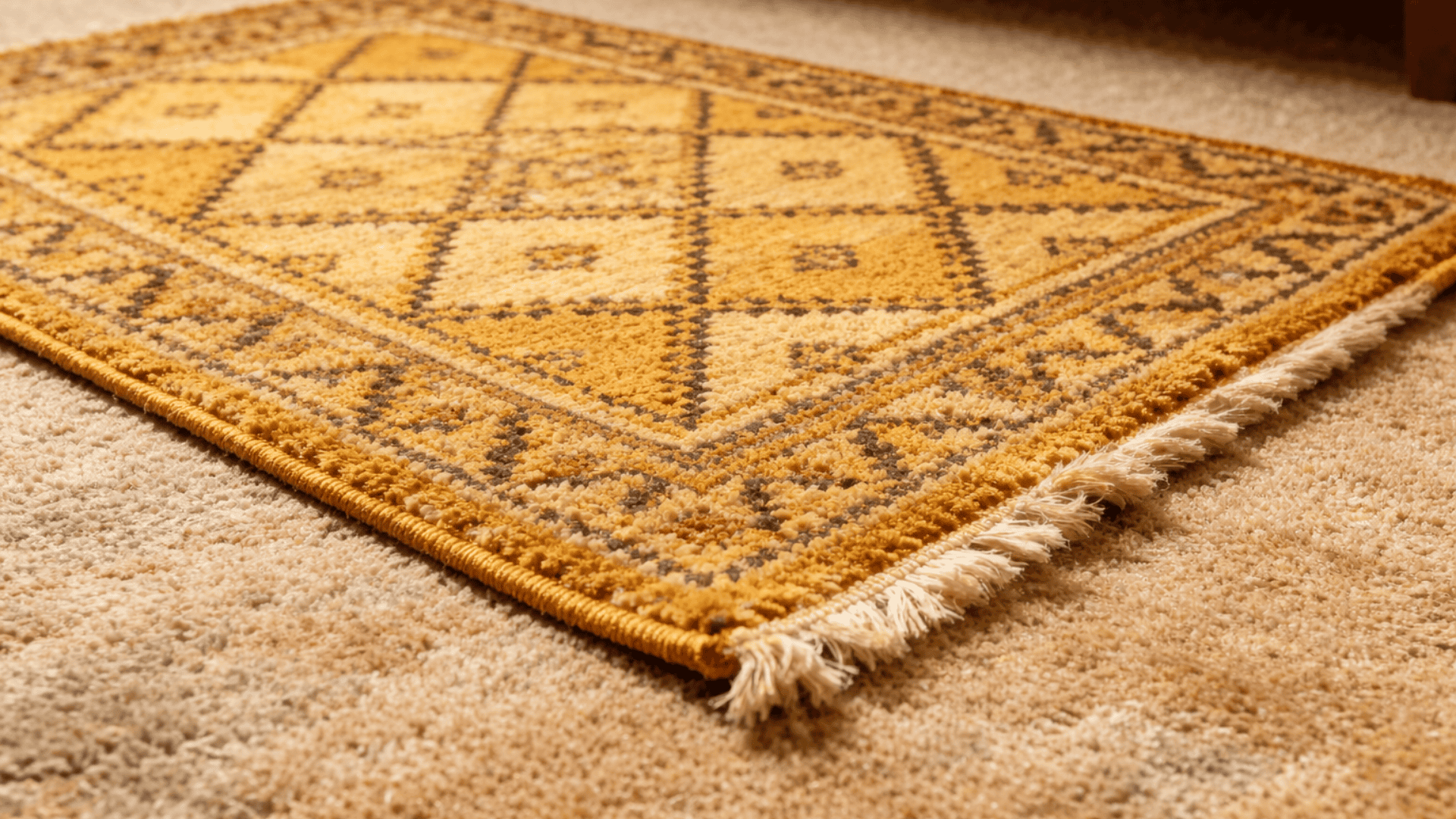 Golden patterned rug on beige carpet, photographed close-up with even lighting and visible fringe at the corner.