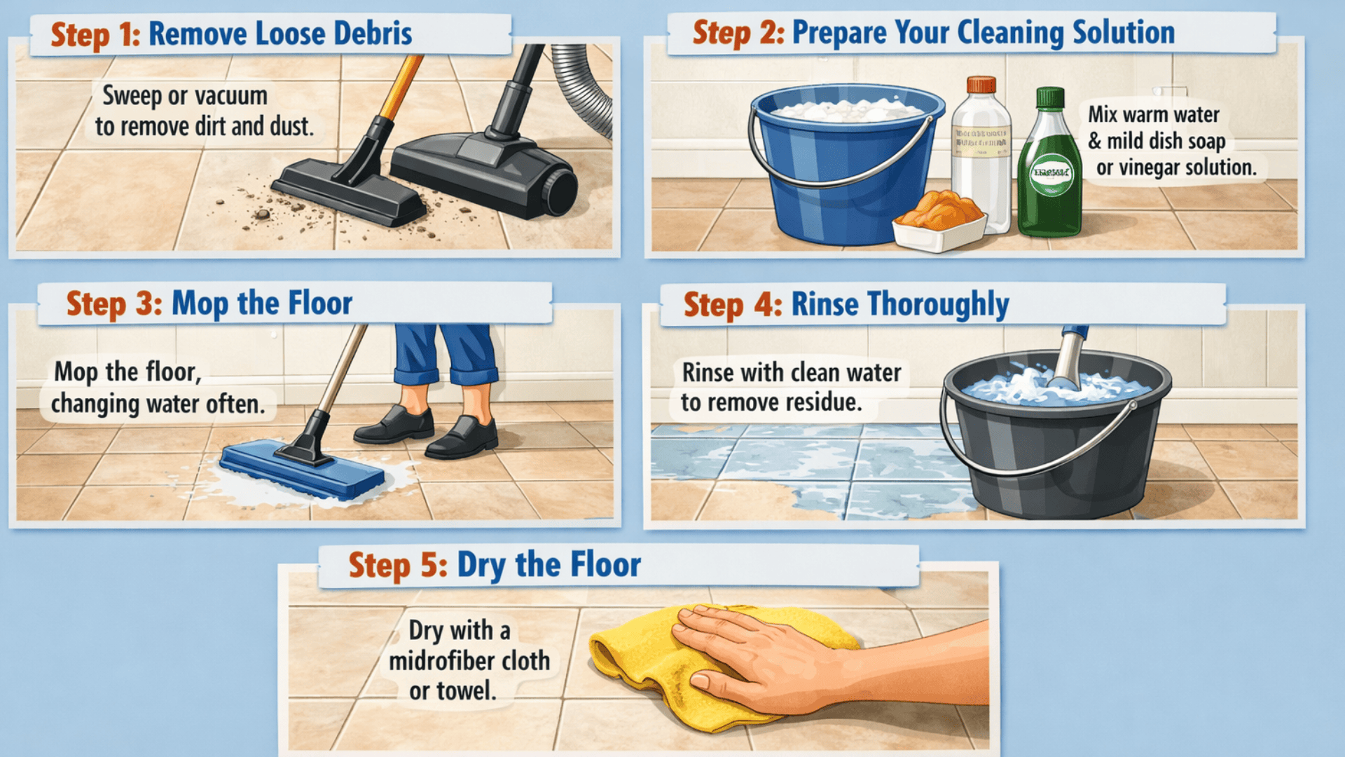 How to clean ceramic tile floors in 5 steps sweep debris, mix cleaner, mop, rinse with water, and dry with microfiber cloth.