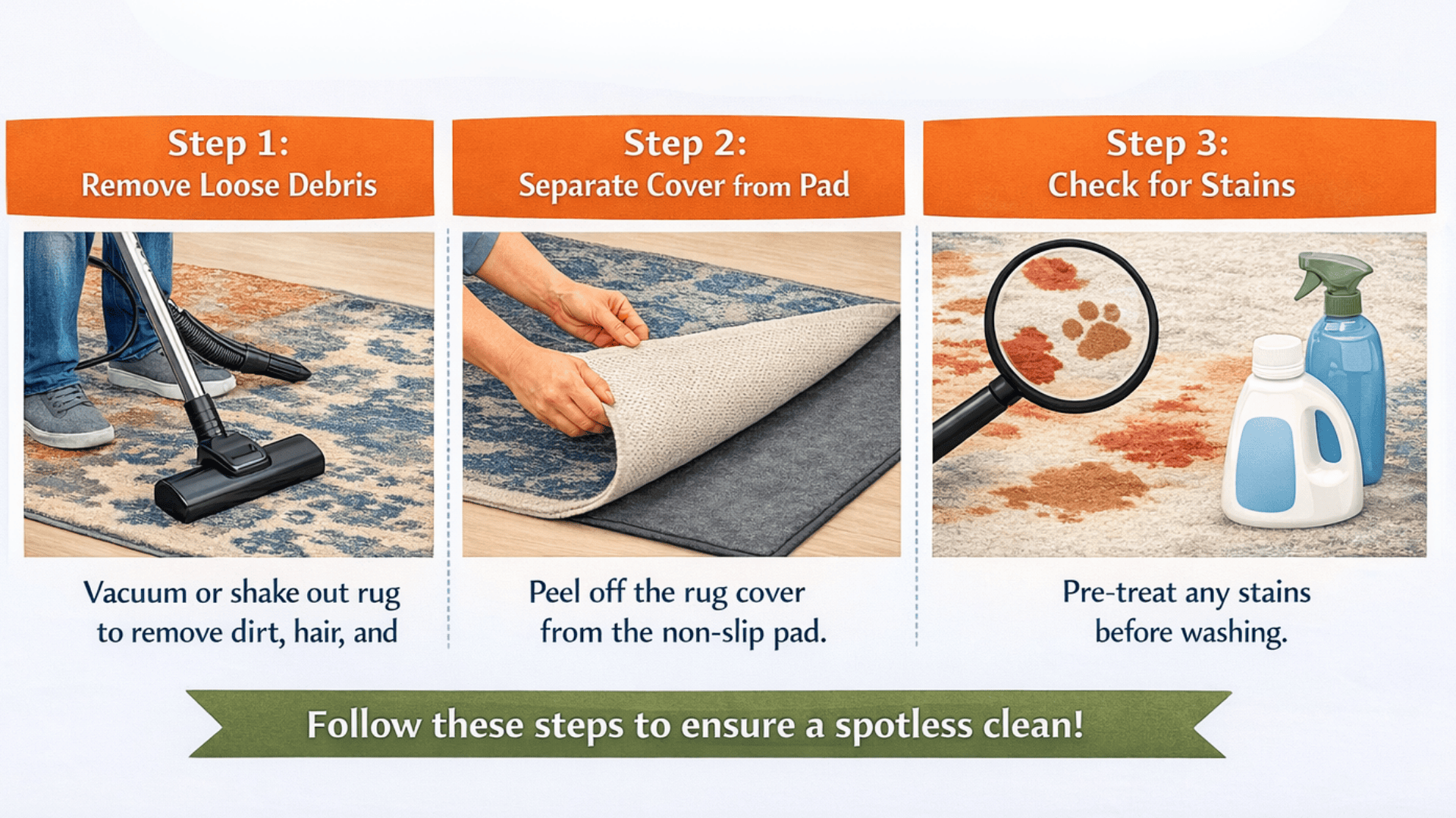 Infographic Preparing Your Ruggable for Washing with 3 steps remove debris, separate cover from pad, pre-treat stains.