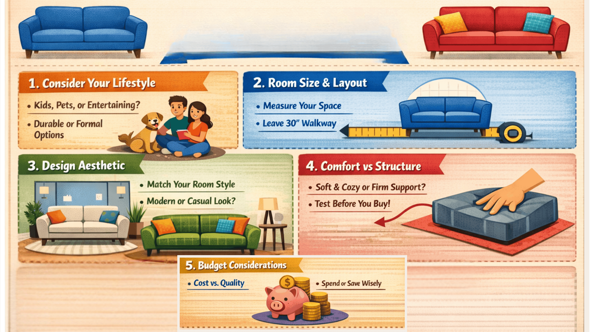 Infographic comparing sofa vs couch with 5 tips lifestyle, room size, design, comfort vs structure, and budget for your home.