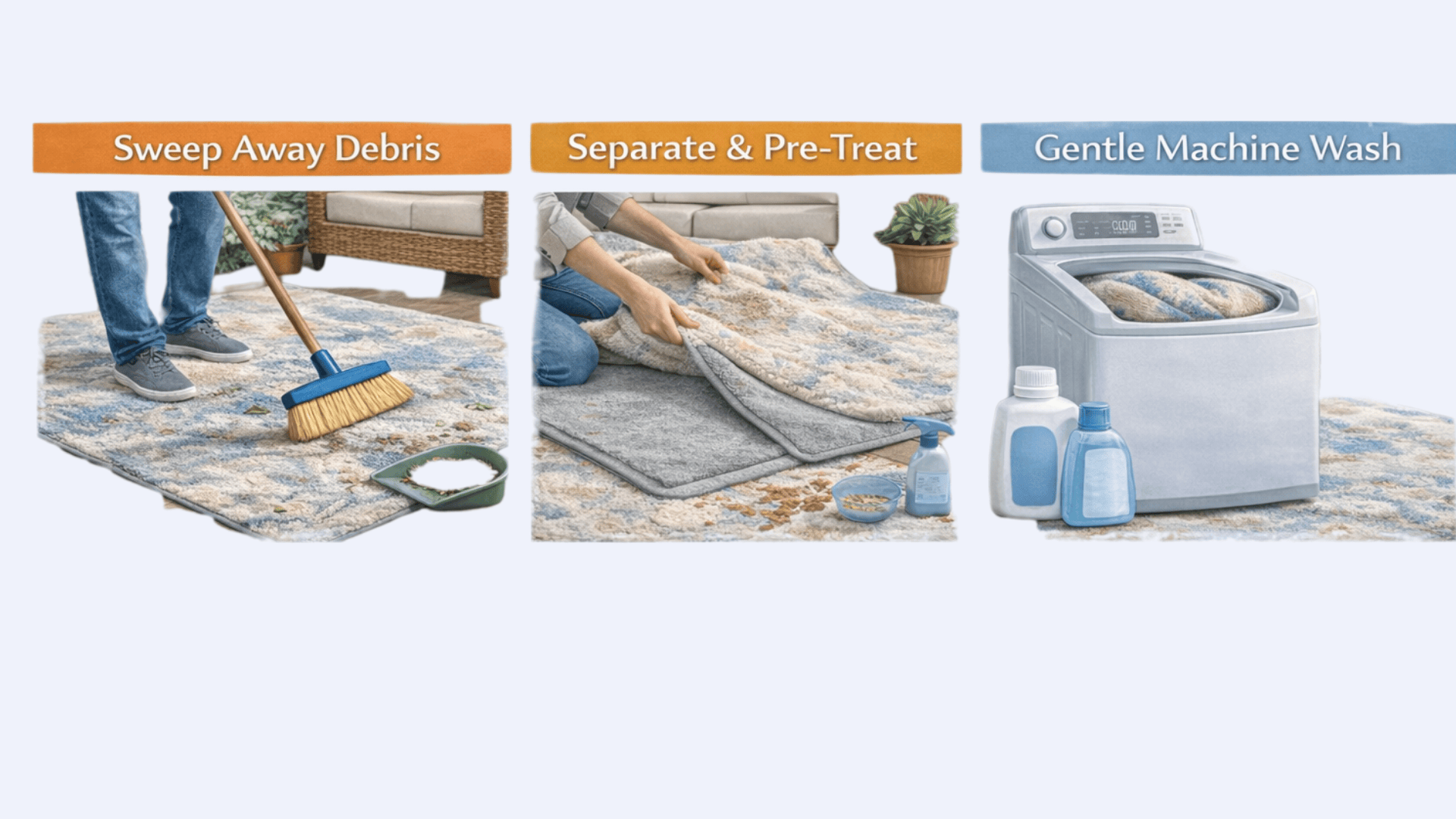 Infographic for Plush Ruggable Rugs with steps to remove debris, separate cover, pre treat stains, and cold gentle wash with mild detergent .