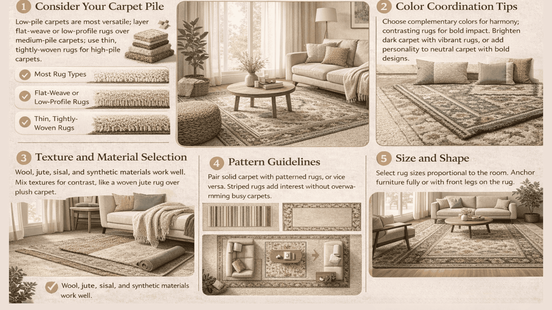 Infographic guide on layering rugs over carpet, covering pile height, color, texture, pattern, and size tips in a 169 layout.