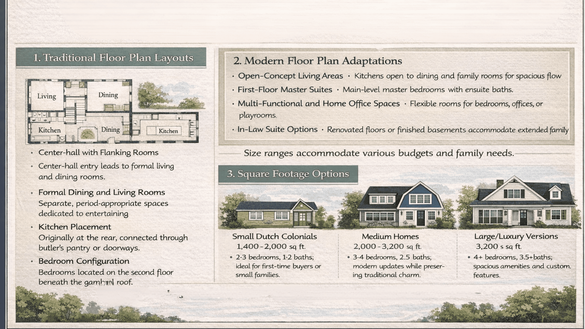 Infographic on Dutch Colonial floor plans showing traditional center-hall layouts, modern open updates, size ranges, and room-by-room planning.