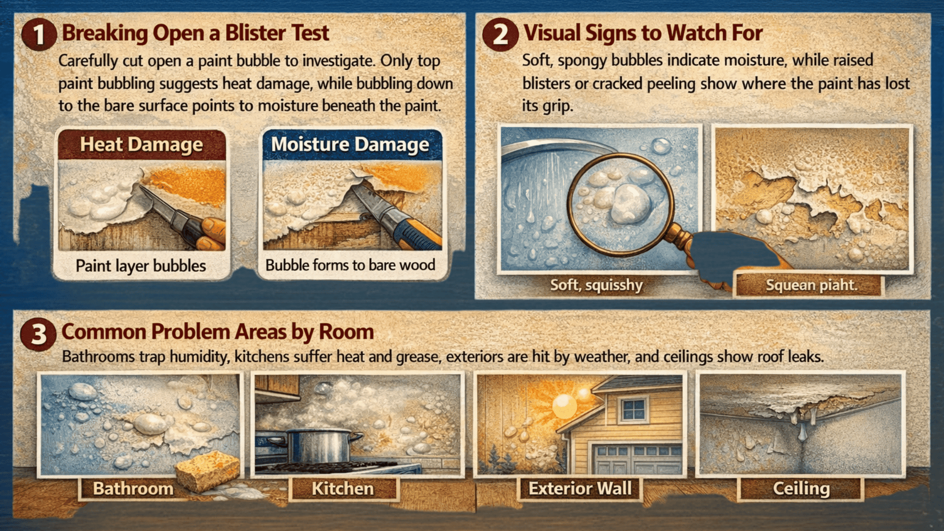 Infographic on diagnosing paint bubbling, showing blister test, moisture vs heat signs, and common problem areas by room.