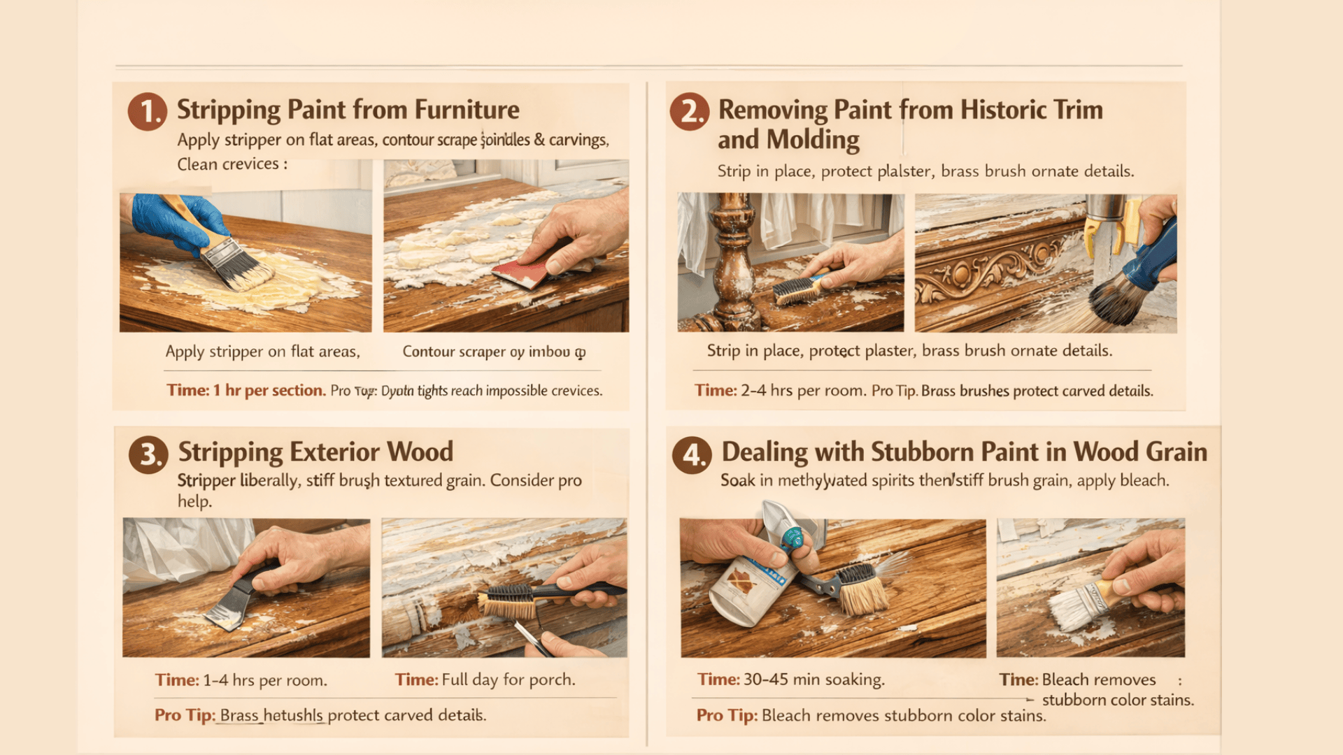 Infographic on stripping paint from furniture, trim, exterior wood, and deep grain with tools, times, and pro tips for each method.