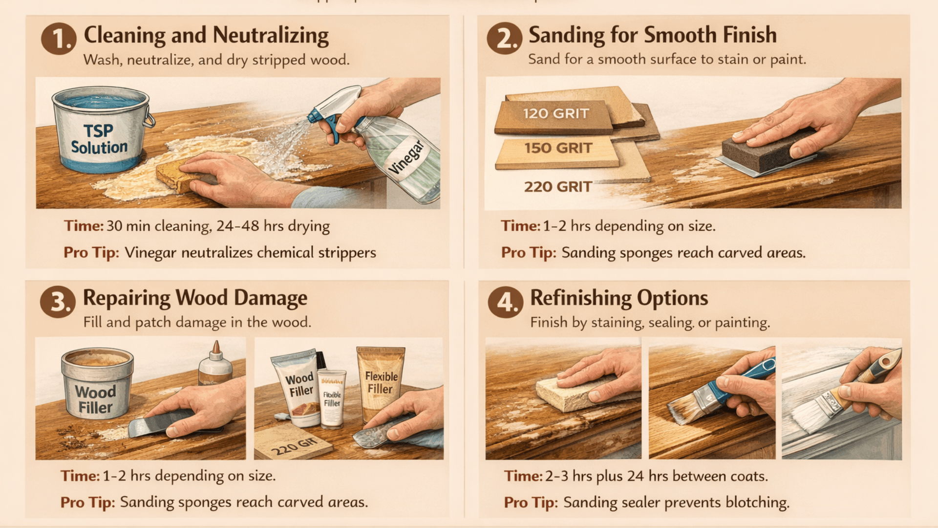Infographic refinishing wood after paint removal with 4 steps cleanneutralize, sand smooth, repair damage, and stain or seal for finish.