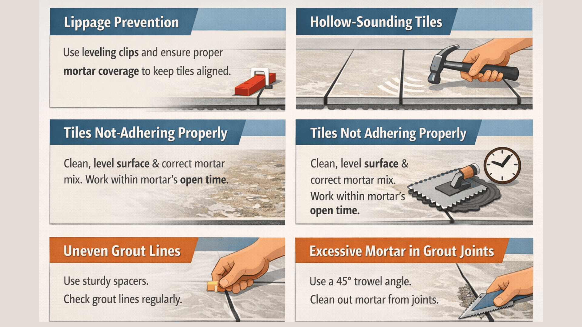 Infographic showing 5 tile-install fixes lippage prevention, hollow tiles, poor adhesion, uneven grout lines, and excess mortar cleanup.