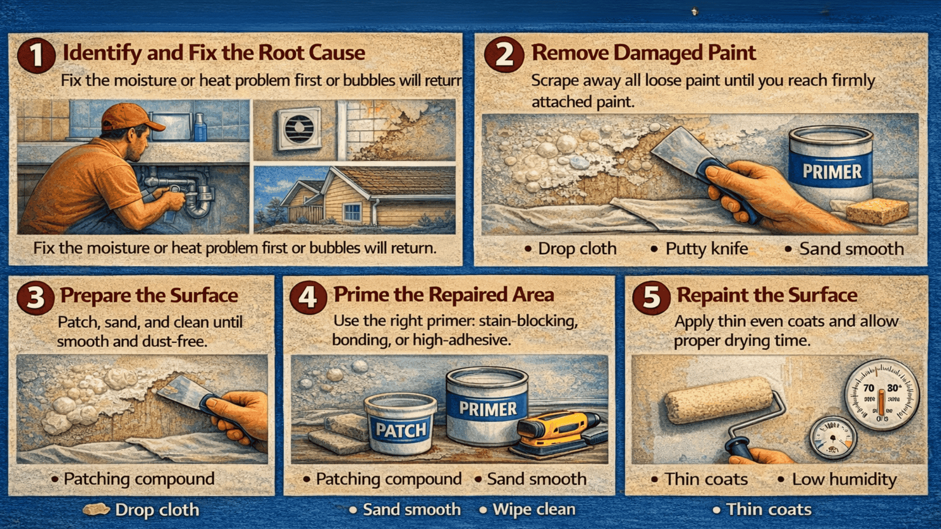 Infographic showing five steps to fix paint bubbling identify cause, scrape, patch and sand, prime, and repaint properly.