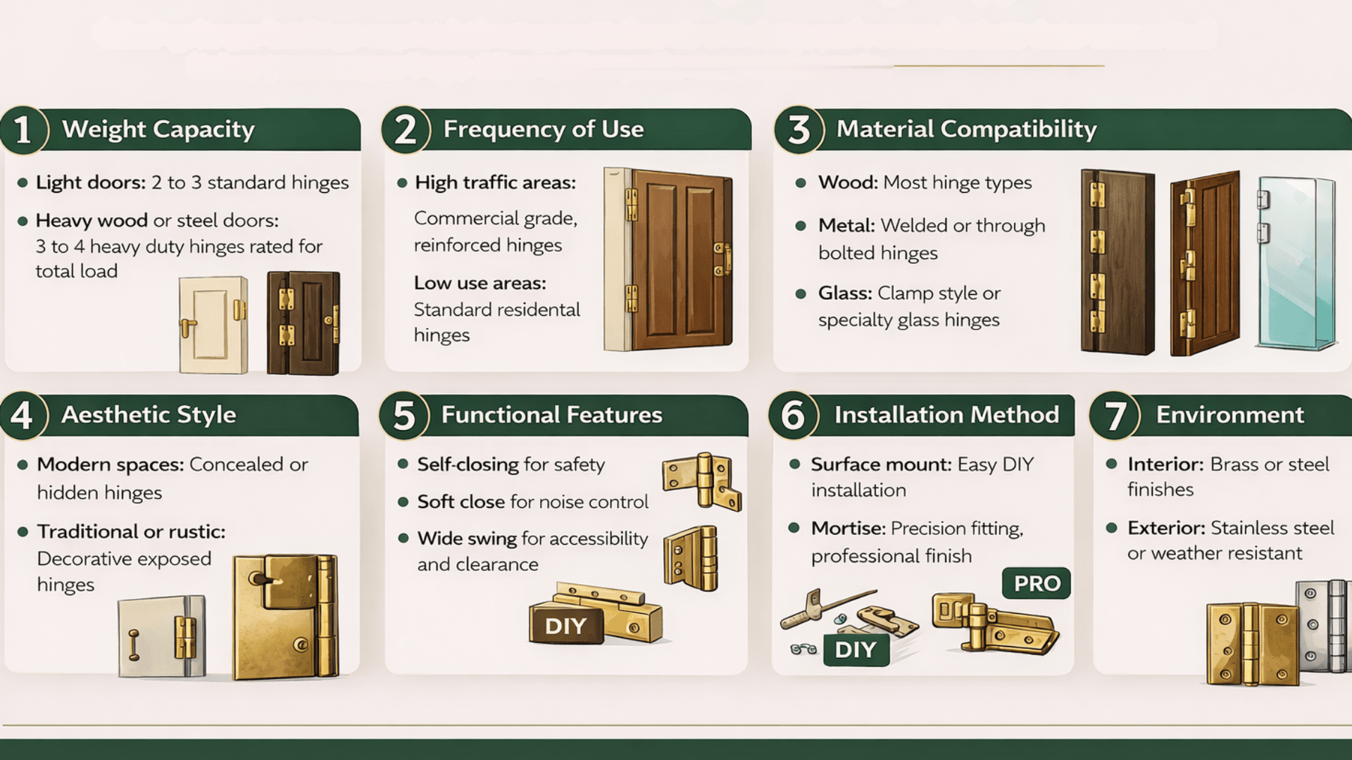 Infographic showing how to choose the right hinge type, covering weight, usage, material, style, features, installation, and environment.