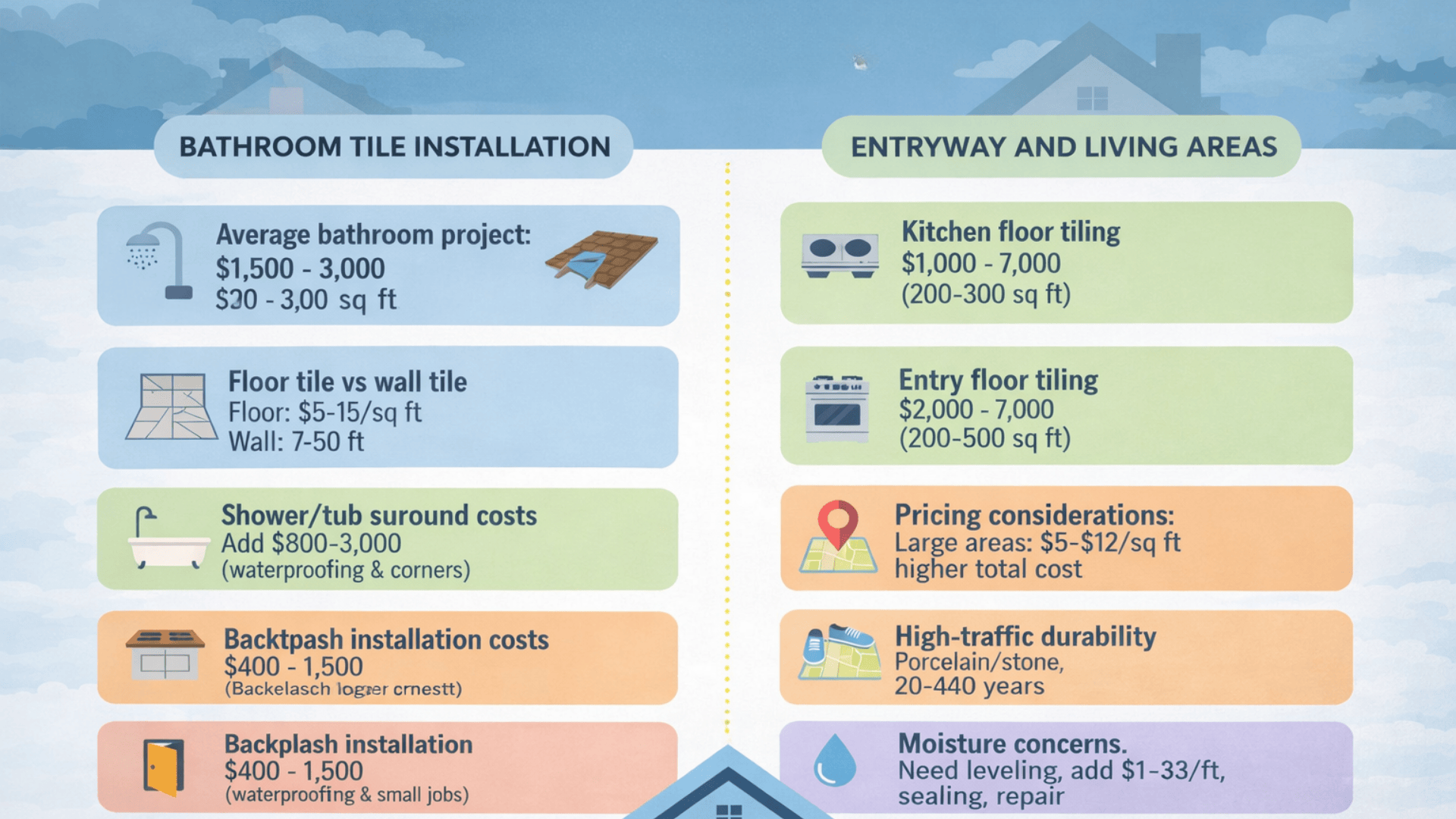 Infographic showing tile installation costs by room bathroom projects, floor vs wall tile, shower and backsplash costs, plus entryway and living areas.