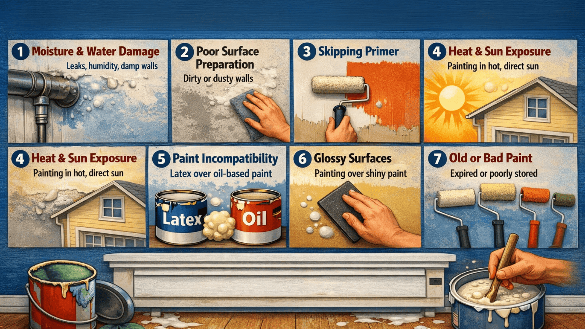 Infographic titled ‘What Causes Paint to Bubble’ showing 9 causes moisture, poor prep, no primer, heat, incompatibility, gloss, old paint, tools, overmixing.”