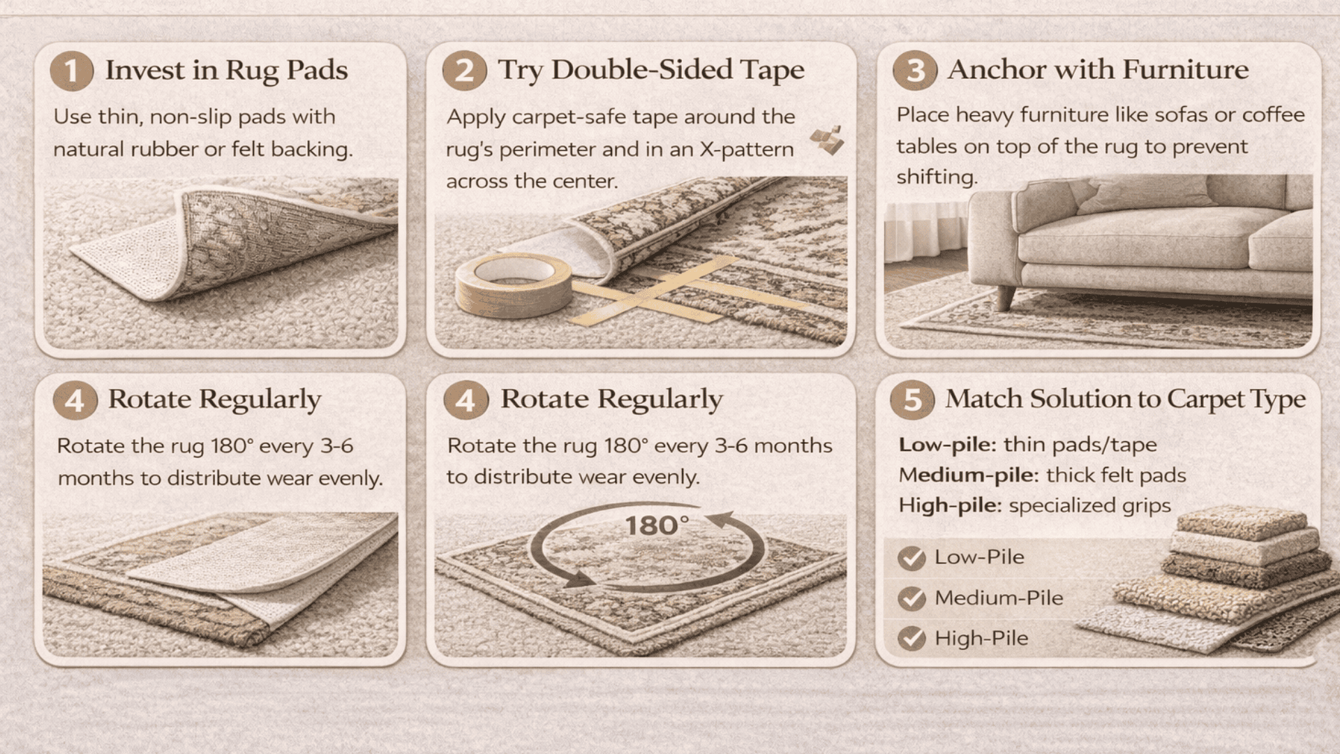 Infographic with 5 tips to stop rugs slipping on carpet rug pads, tape, furniture anchoring, rotation, and carpet type matching