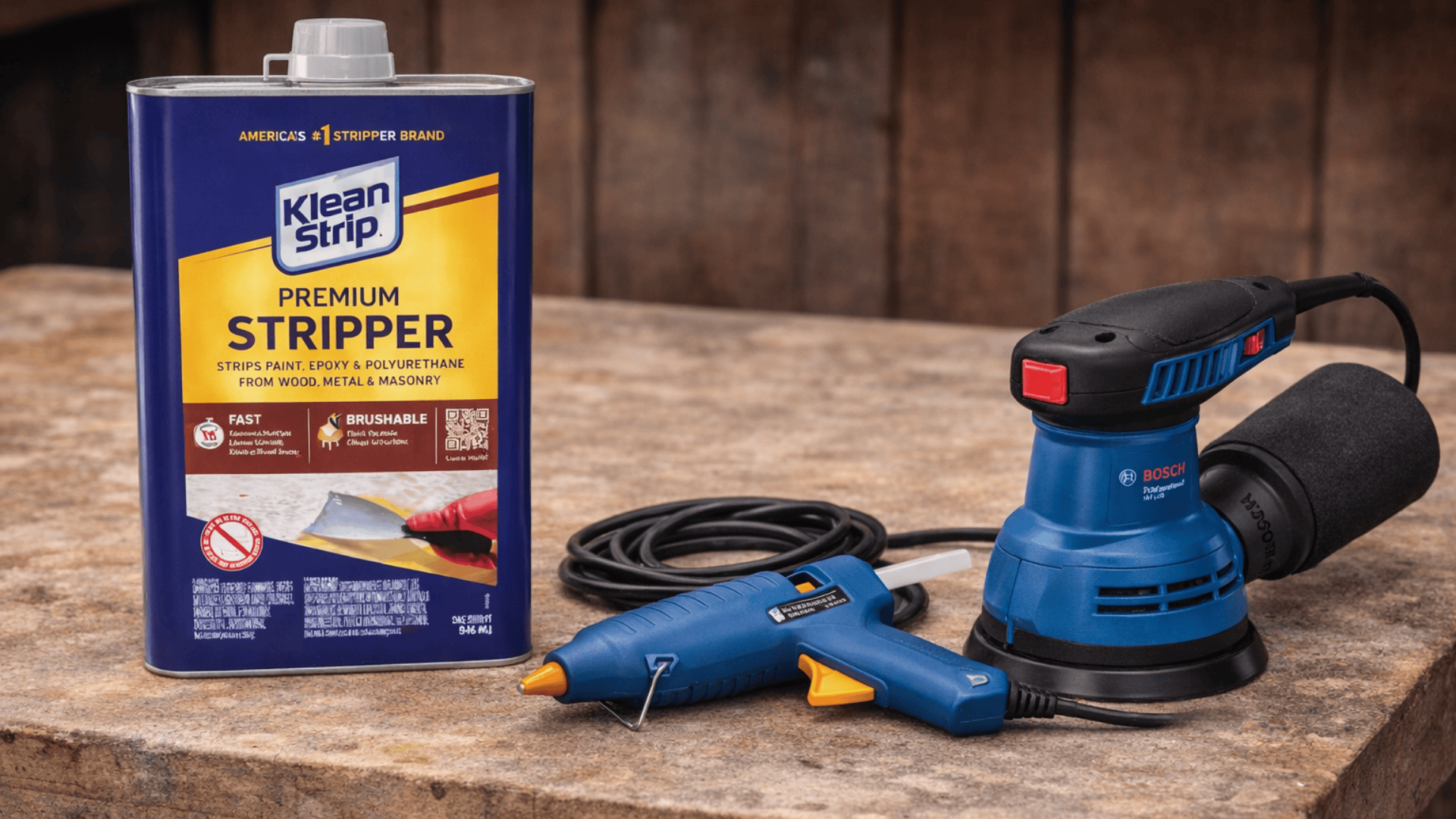 Klean Strip Premium Stripper can, blue glue gun lying flat, and Bosch orbital sander on a stone slab, 169 photo.