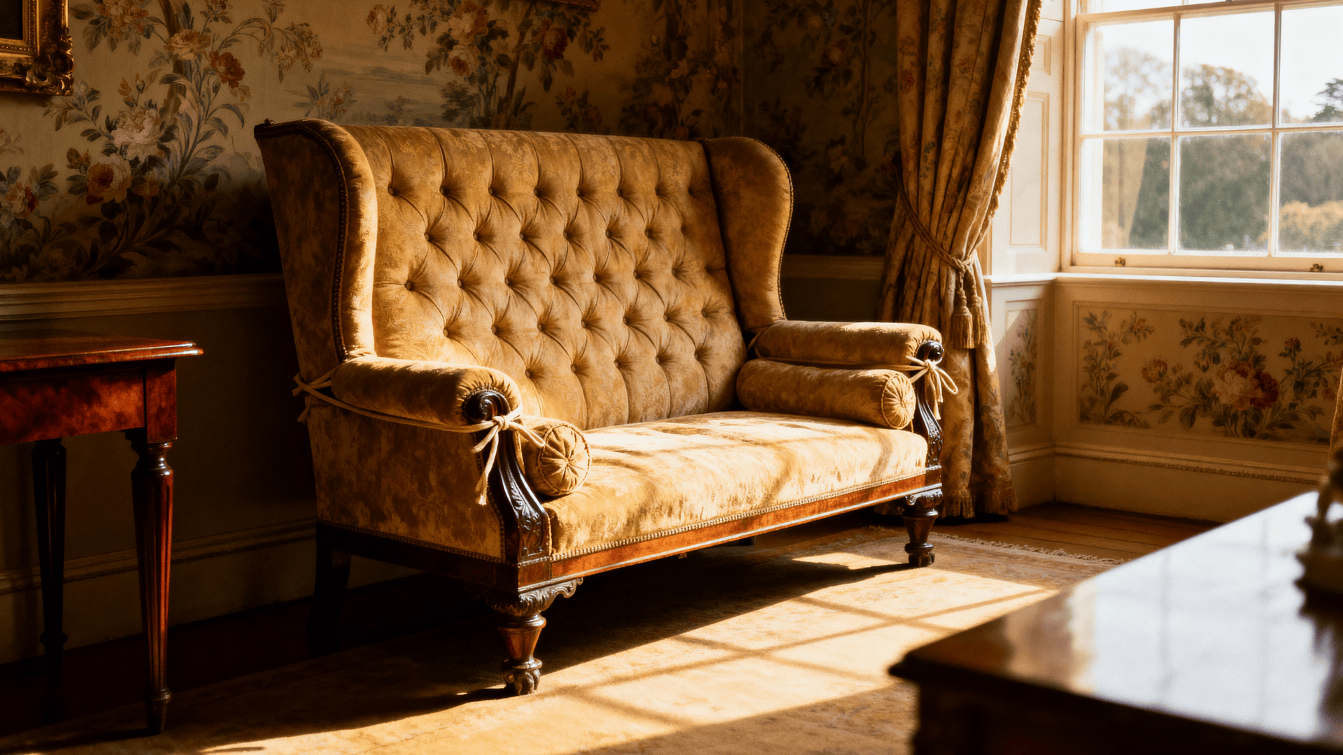 Knole sofa with adjustable side arms in a classic traditional setting.